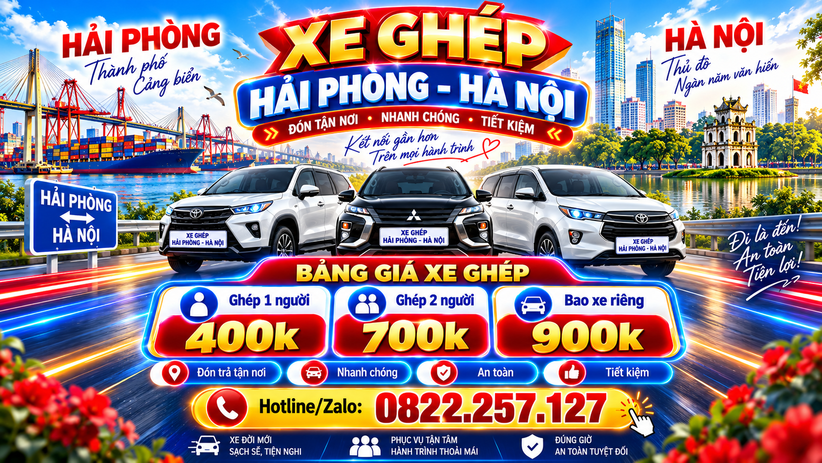 Bảng giá xe ghép Hải Phòng Hà Nội: 1 người 400K, 2 người 700K, bao xe riêng 900K