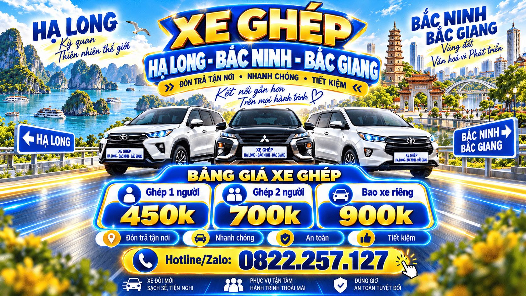 Bảng giá xe ghép Hạ Long Bắc Ninh Bắc Giang: 1 người 450K, 2 người 700K, bao xe riêng 900K