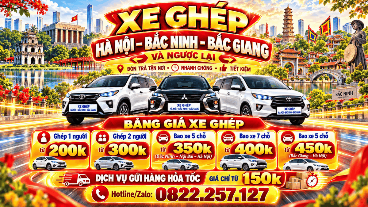 Bảng giá xe ghép Hà Nội Bắc Ninh Bắc Giang: ghép 1 người từ 200K, ghép 2 người từ 300K, bao xe từ 350K